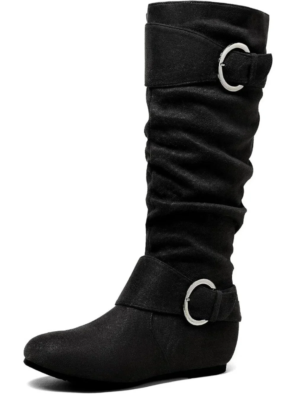 Women's Black Faux Suede High Low Hidden Wedge Side Zipper Buckle Knee High Boot